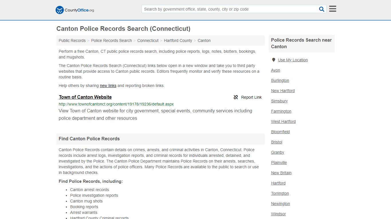 Canton Police Records Search (Connecticut) - County Office